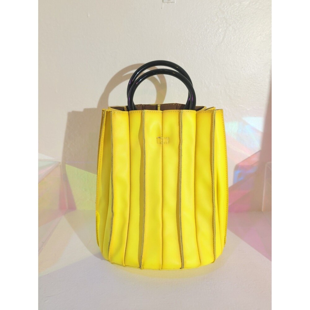 NWT Soulfina Yellow Pleated Vegan Leather Sculptural Handbag Purse 11in